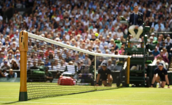 A tennis net on a grass court and an umpire sitting in his chair.