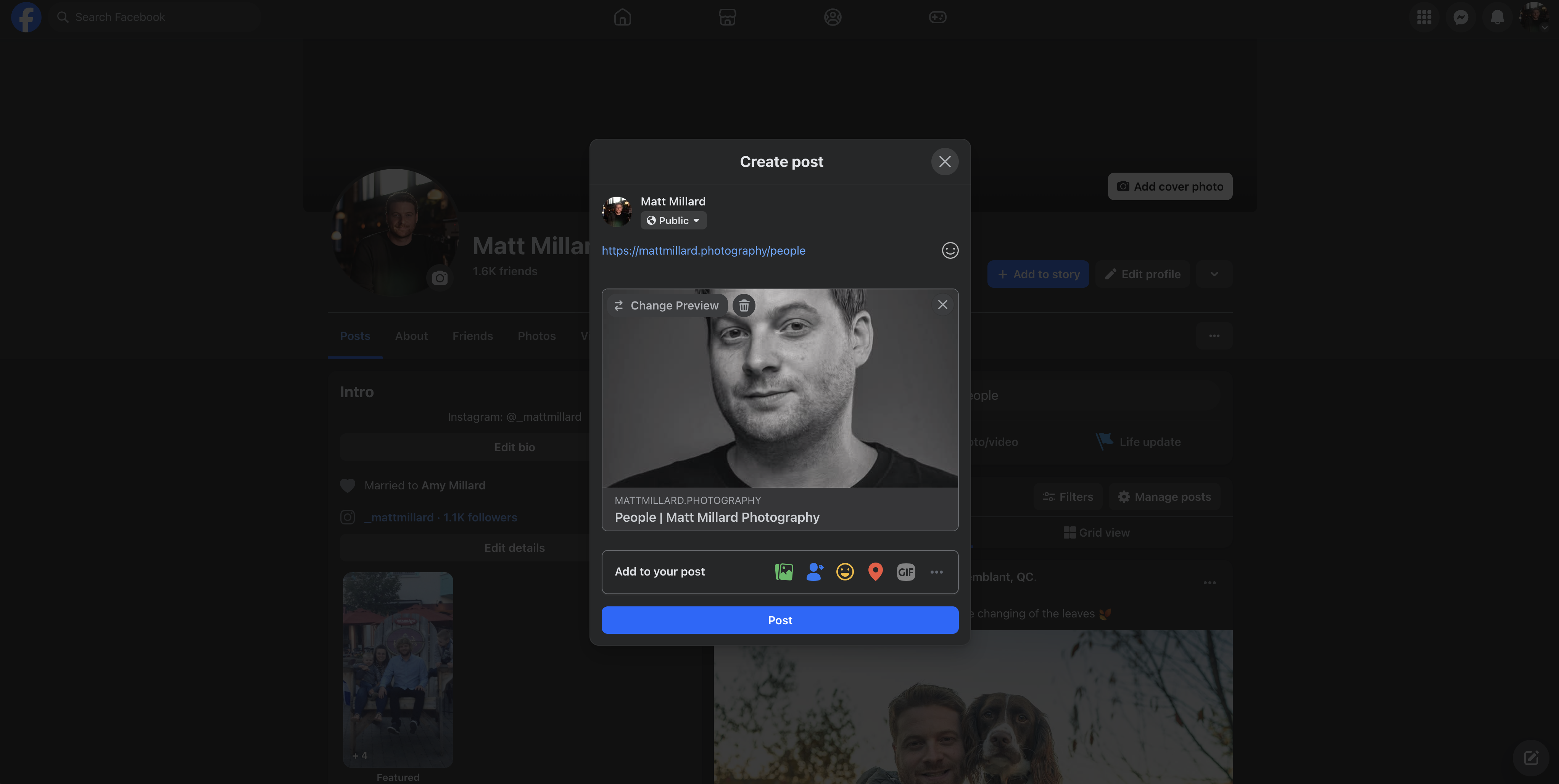 Facebook post composer showing a rich preview card with Open Graph metadata