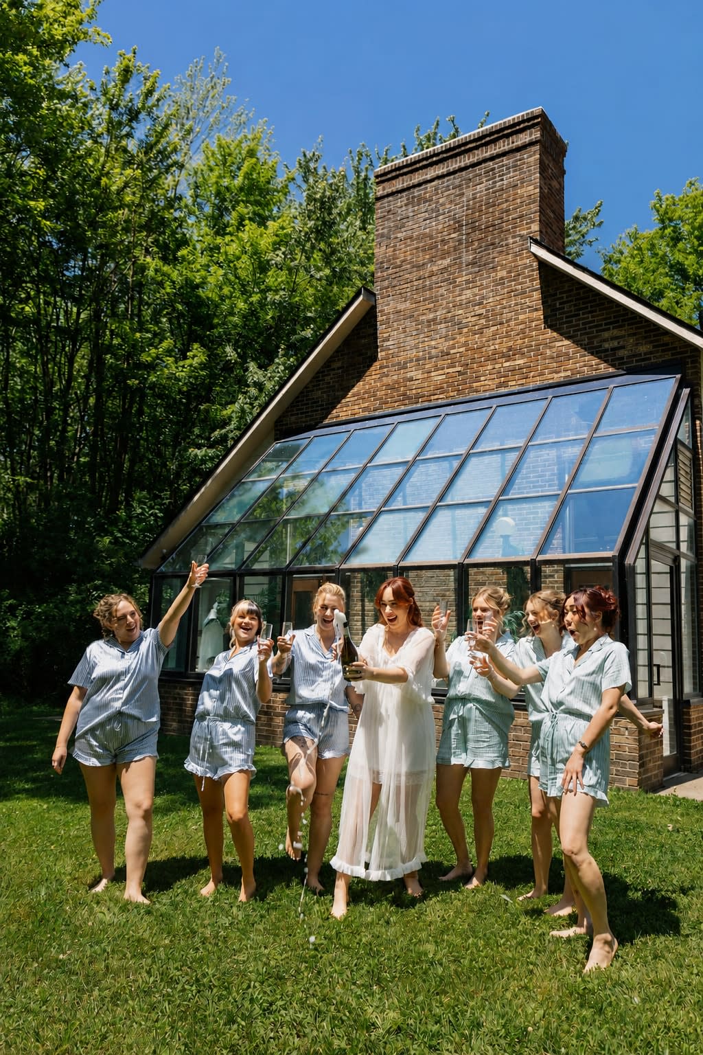 Bride and bridesmaids in matching pajamas toasting with champagne outside the conservatory at Sugar Lake Weddings