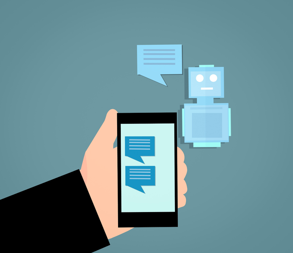 blue robot speaking as text appears on a phone