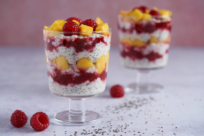 Raspberry and mango chia pots