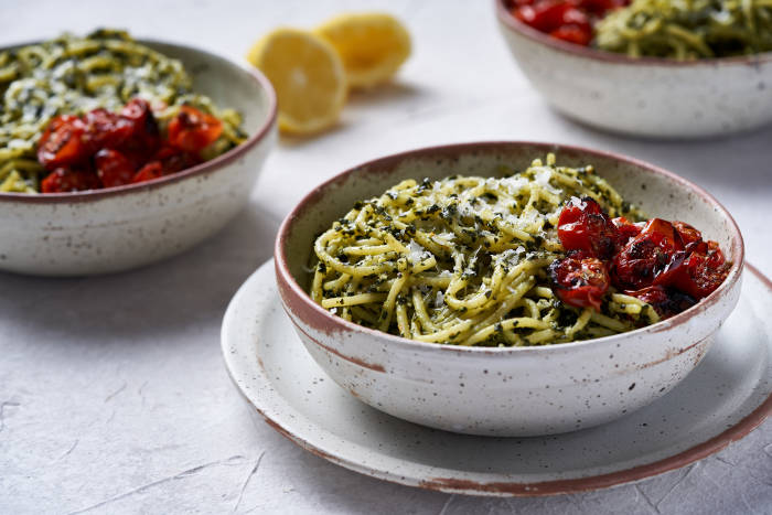 Cavolo nero pesto with spaghetti and slow roasted tomatoes