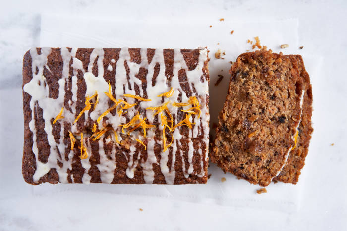 Carrot loaf cake with orange glaze