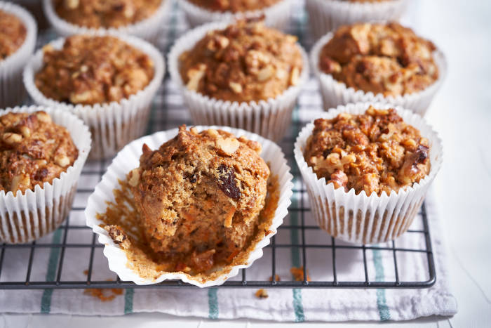 Carrot, orange and sultana muffins with a crunchy sugar and nut topping.