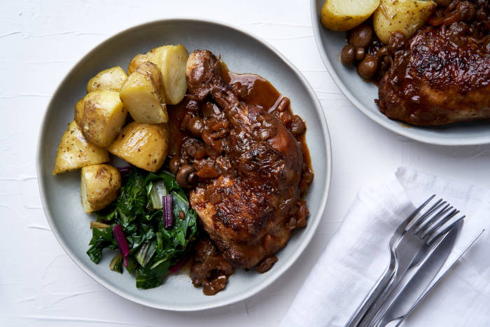 Chicken chasseur, steamed potatoes and rainbow chard