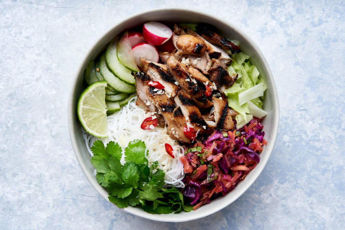 Lemongrass chicken with Vietnamese noodles and salad