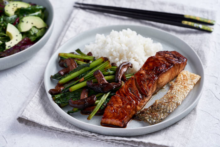 Mirin glazed salmon and vegetables with sesame avocado salad