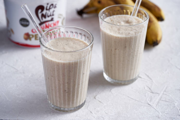 Smoothie made with goat's milk kefir, peanut butter and banana