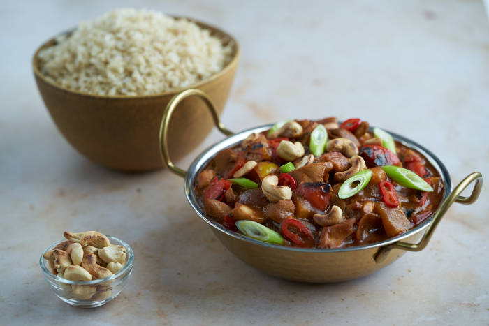Sweet and sour madras chicken curry with peppers, pineapple, chilli and cashew nuts