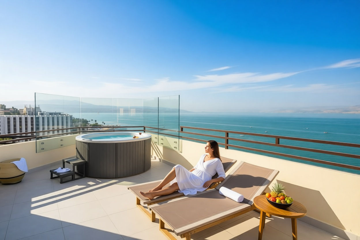 סוויטת אקזקיוטיב - יוקרתית מרווחת לאירוח מפנק המתאימה לזוגות וכוללת מרפסת ישיבה הצופה לכנרת הכוללת ג'קוזי