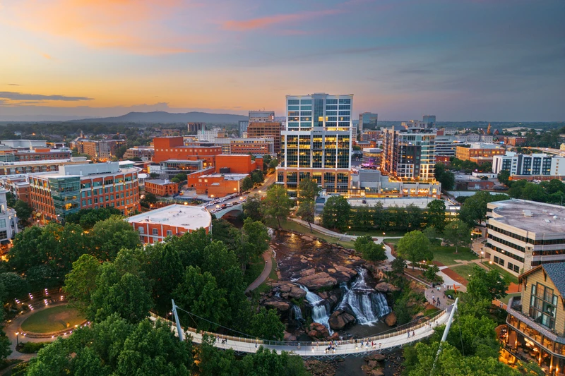 Aerial view of a lush urban park and residential corridor in Silver Spring, Maryland