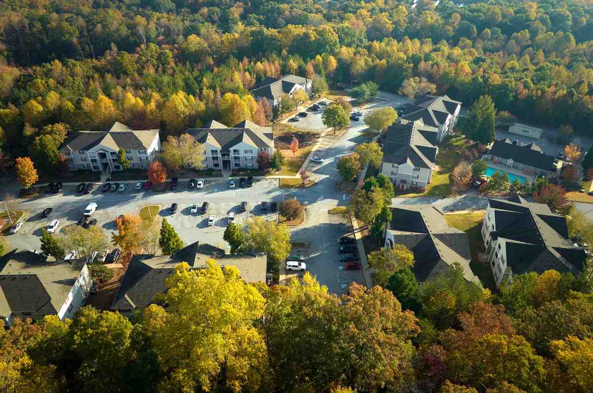 Aerial view of a coastal residential community and maritime harbor in Norfolk, Virginia