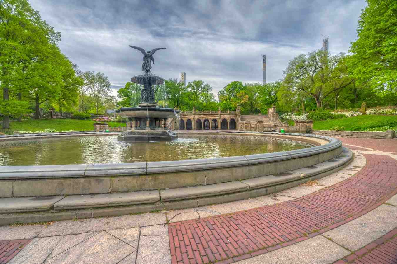 Architectural details of a luxury residential terrace and fountain in Bethesda, Maryland