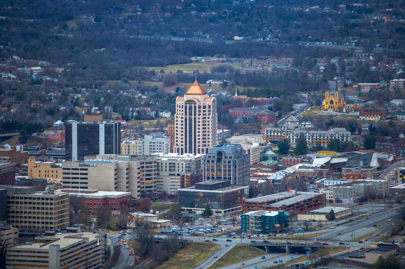 High-angle aerial view of the Rockville, Maryland city center and surrounding suburban residential neighborhoods