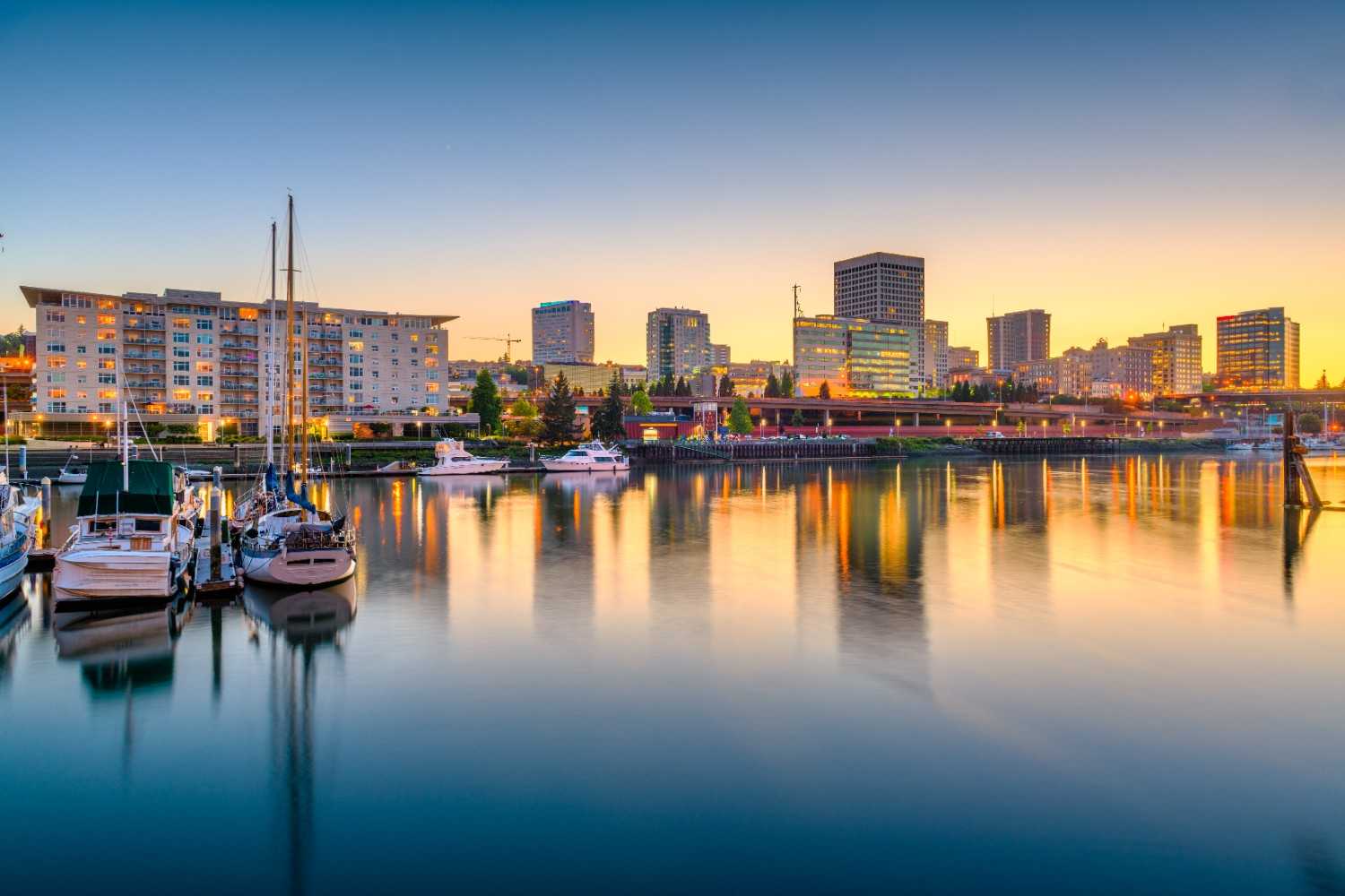 Sunset view of the Hampton, Virginia downtown skyline and residential waterfront districts
