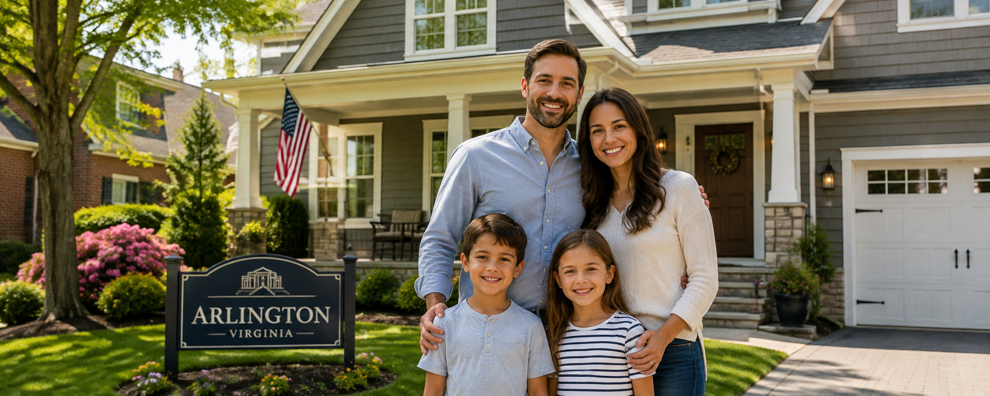 Family in front of their Arlington, Virginia home