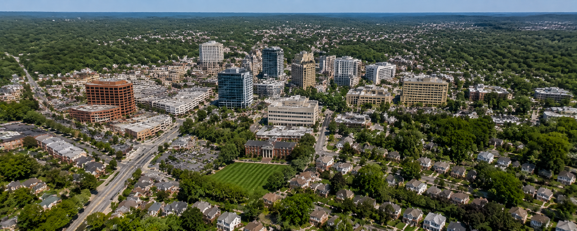 Aerial view of the urban-suburban skyline and residential hub of Towson, Maryland