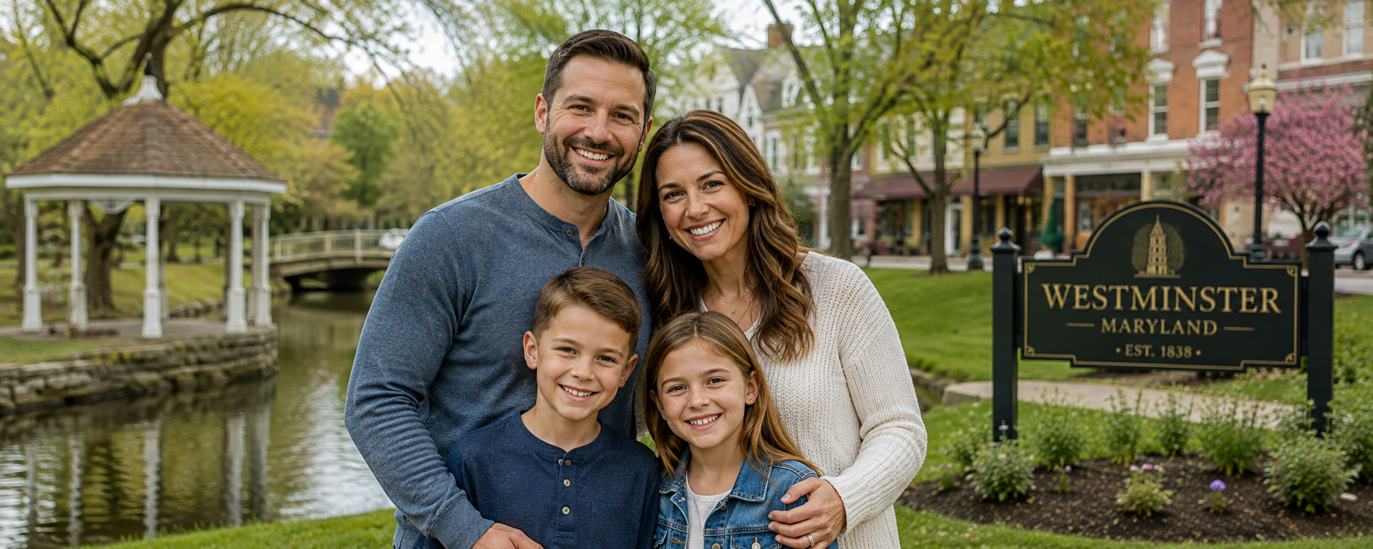 A family portrait of a couple and their children smiling together in a natural park setting in Westminster, MD