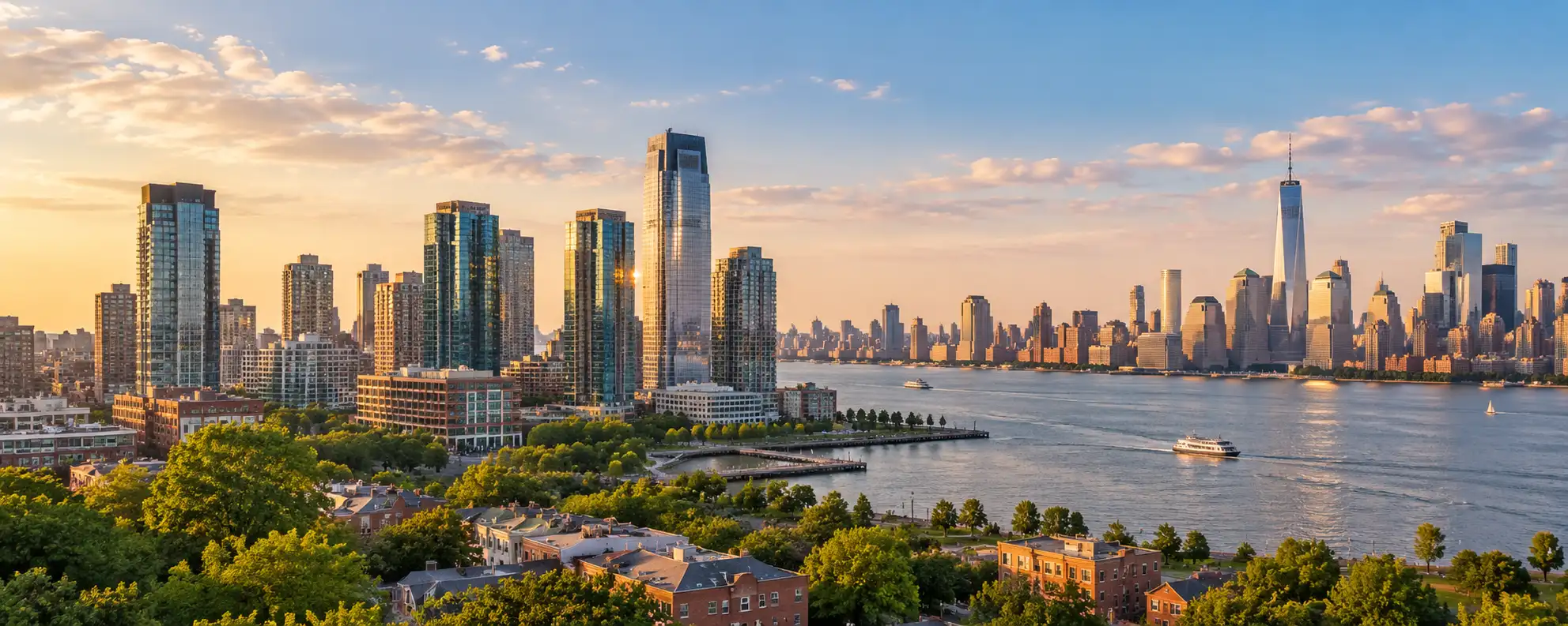 Aerial view of Downtown Jersey City brownstones with the Hudson River and Manhattan skyline behind