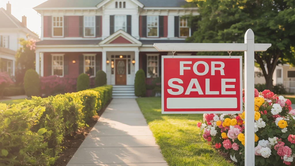 For Sale Real Estate Sign in Front of House. Real Estate Concept.