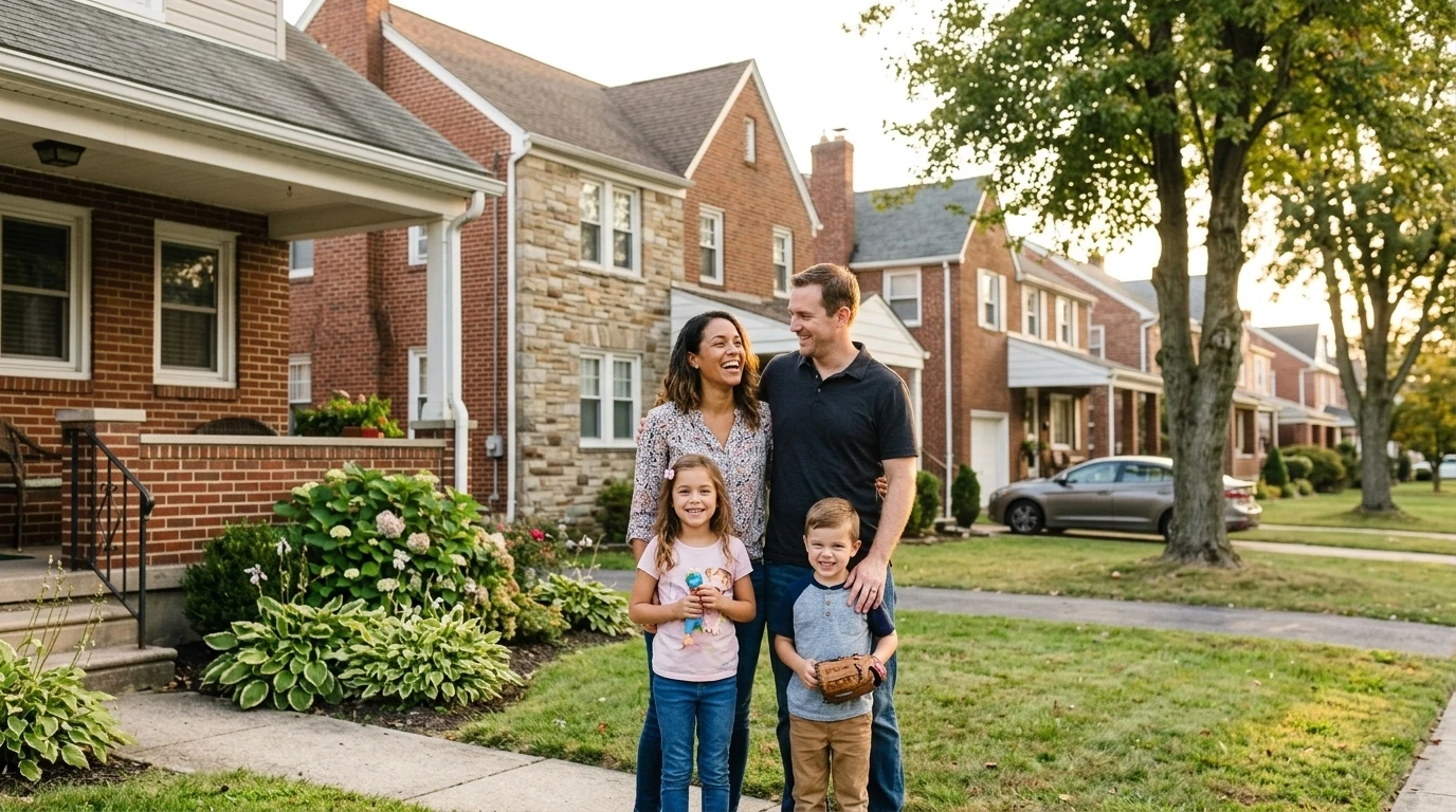 Family in front of their Allentown, Pennsylvania home