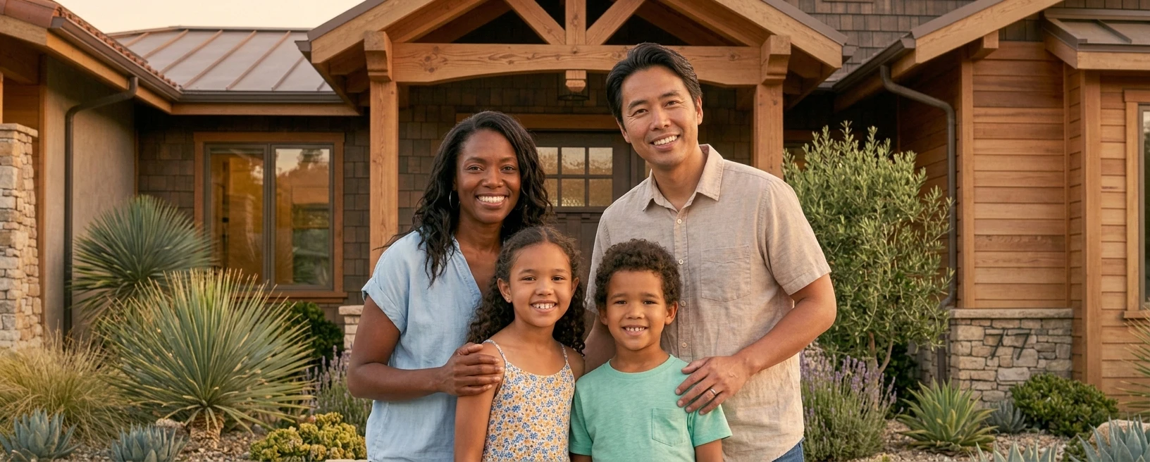 Family in front of their Riverside, California home
