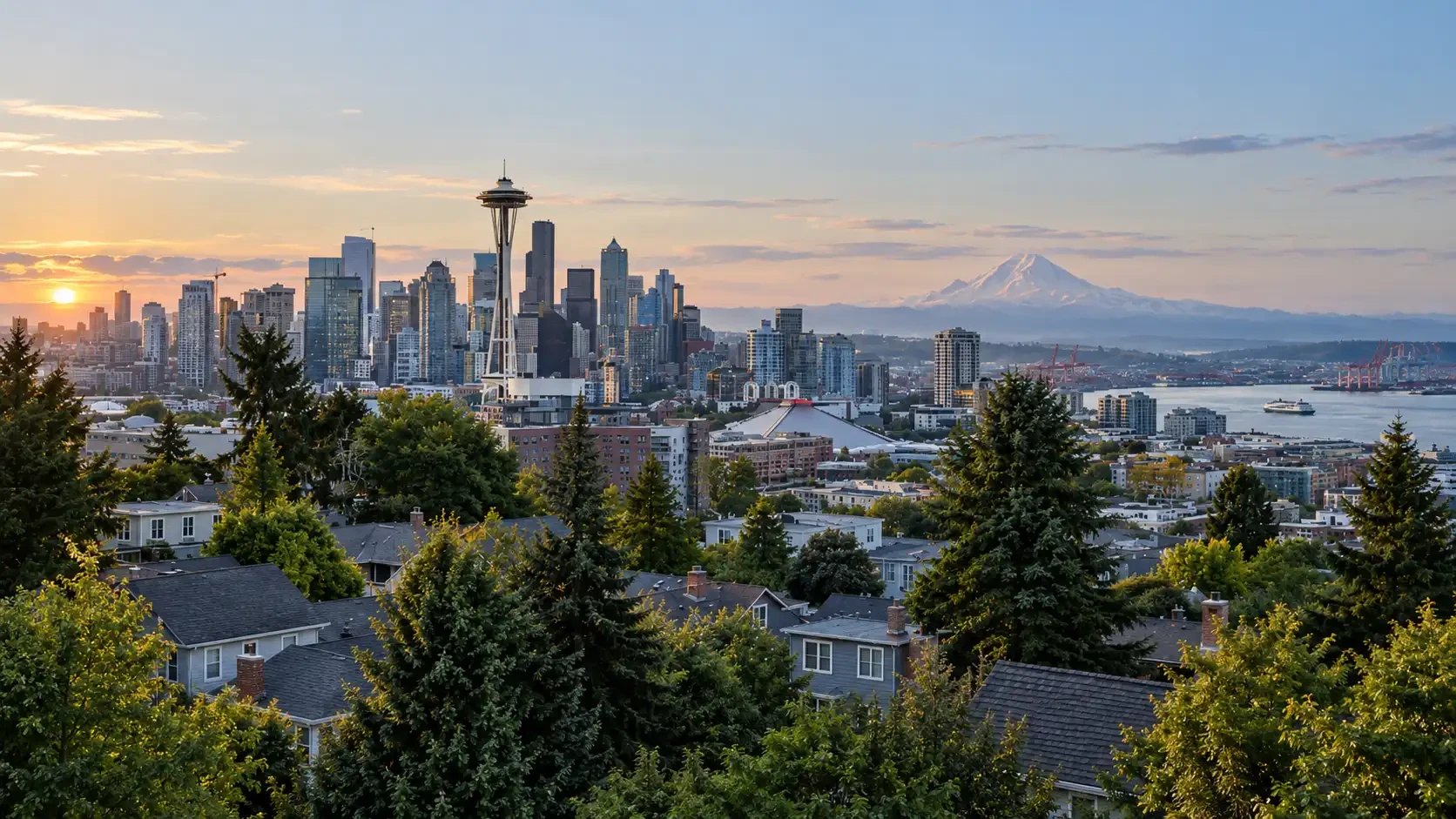 Aerial view of Puget Sound neighborhoods in Washington State with Mount Rainier in the distance