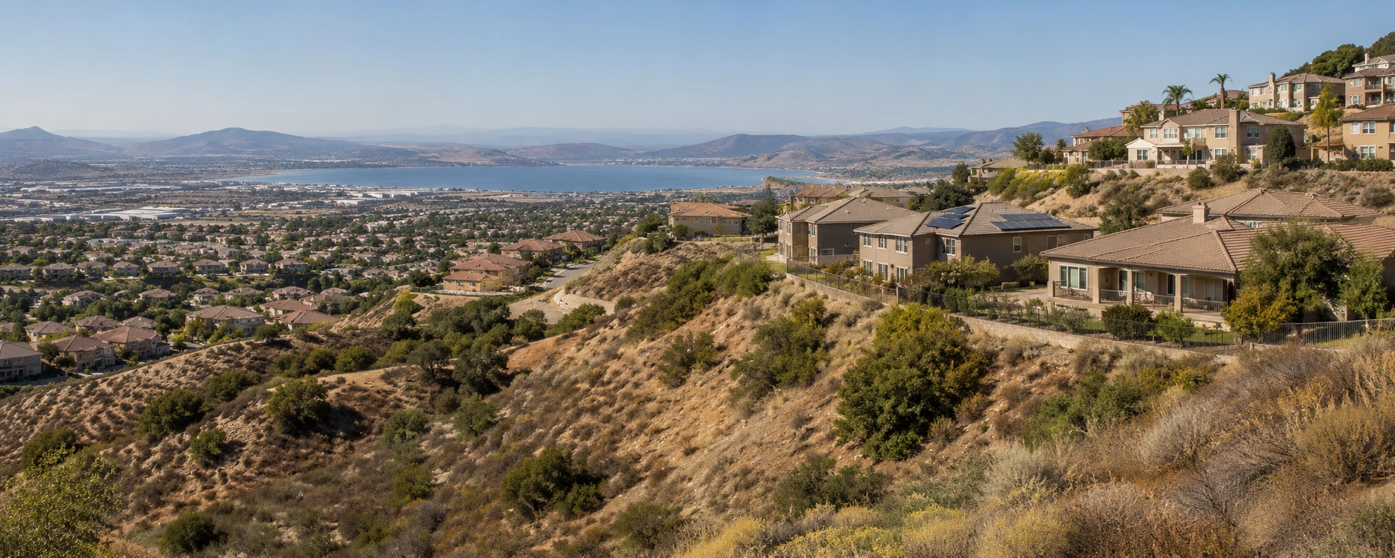 Hillside neighborhood near Lake Elsinore, California in a Wildland-Urban Interface fire zone