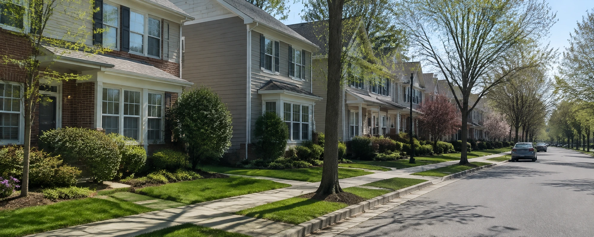 Row of suburban houses in the master-planned village community of Columbia, Maryland