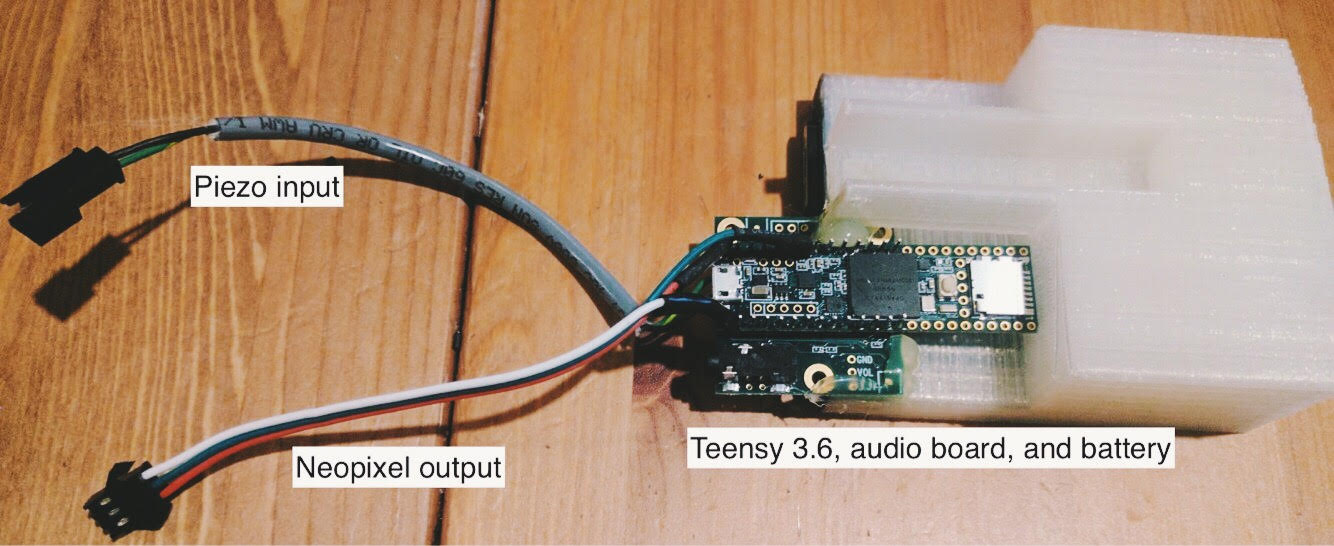 Violin electronics, showing the piezeo input, neopixel input, teensy 3.6 audio board, and battery