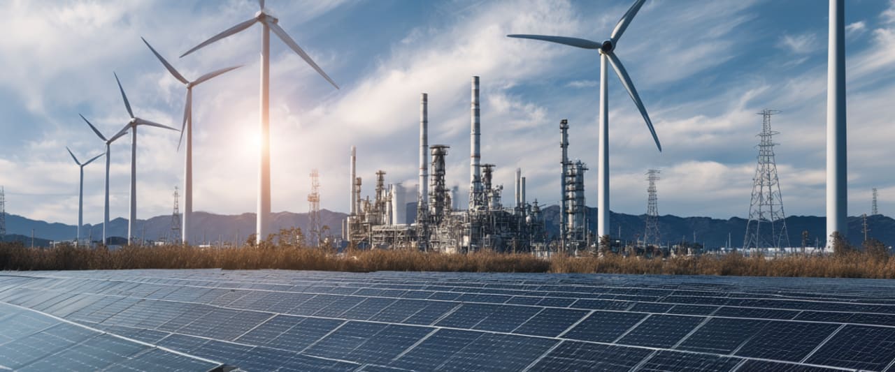 Illustration verschiedener Energieanlagen und ihrer technischen Baugruppen.
