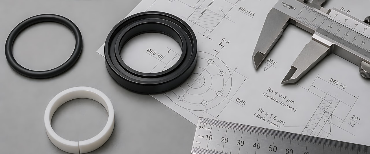 Technische Zeichnung eines Hydraulikdichtungssatzes mit bemaßten Profilen — Schnittansicht aus einem Konstruktionsdatenblatt.