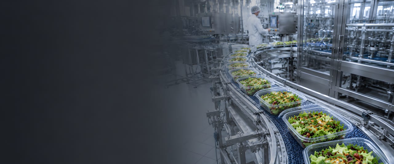 Illustration einer Produktionsstraße für die Lebensmittelverarbeitung, auf der aktuell frischer Salat verpackt wird.
