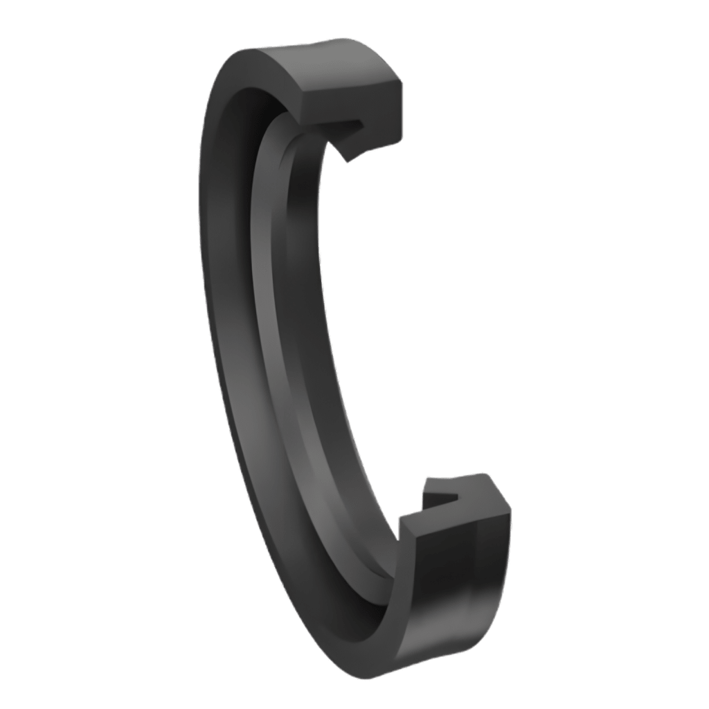 3D-Darstellung einer schwarzen Stangendichtung (U-Ring) für hydraulische Anwendungen mit ausgeprägter Dichtlippe.