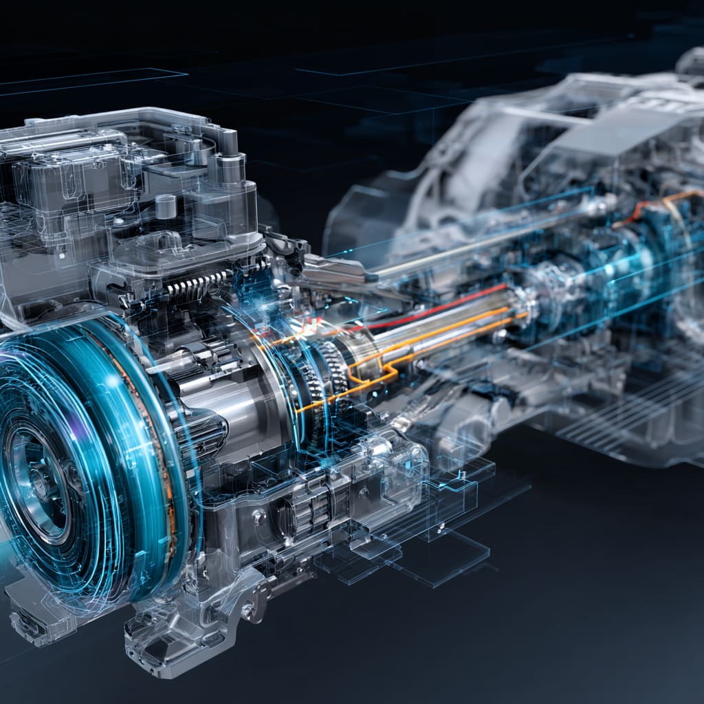 Technische Darstellung eines Motor- und Antriebsblocks mit relevanten Dichtstellen.