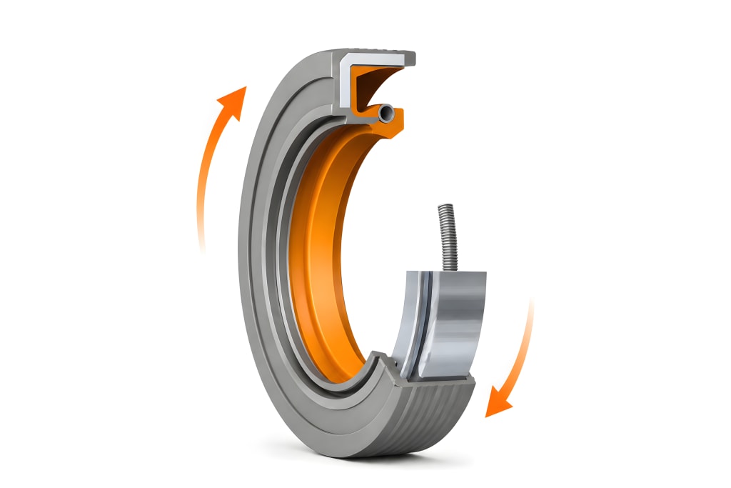 Technische Darstellung des Aufbaus eines Wellendichtrings als Symbolbild für dynamische Dichtungen, die im Einbauraum rotieren können.
