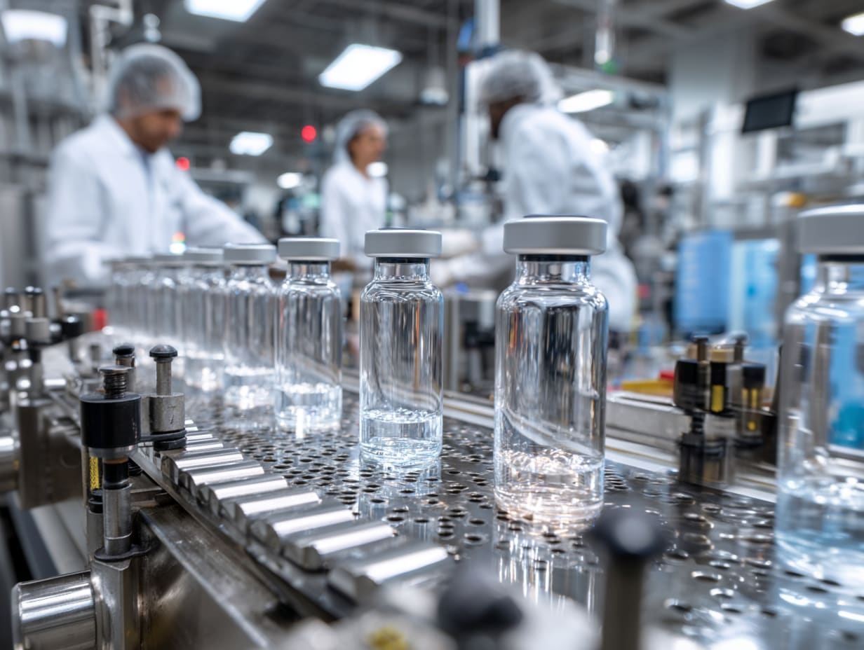 Illustration pharmazeutischer Prozessanlagen mit Dichtungen in produktionsnahen Baugruppen.