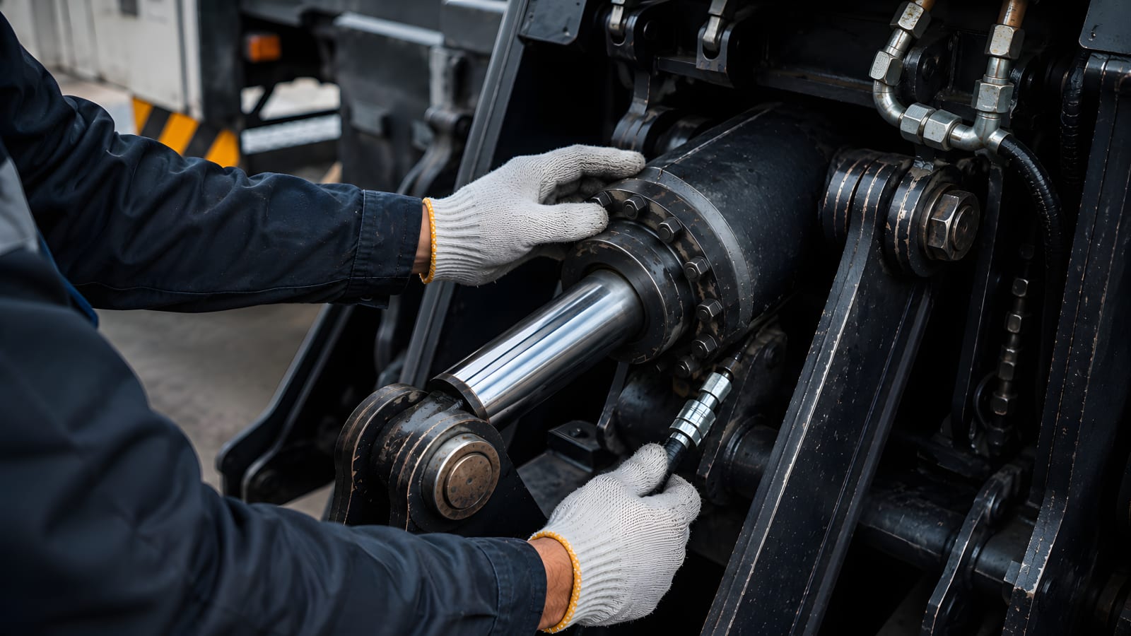 Darstellung eines Technikers bei der Wartung eines Hydraulikzylinders im deutschen Maschinenbau, wie er gerade eine Leckage an seinem Hydraulikzylinder behebt.