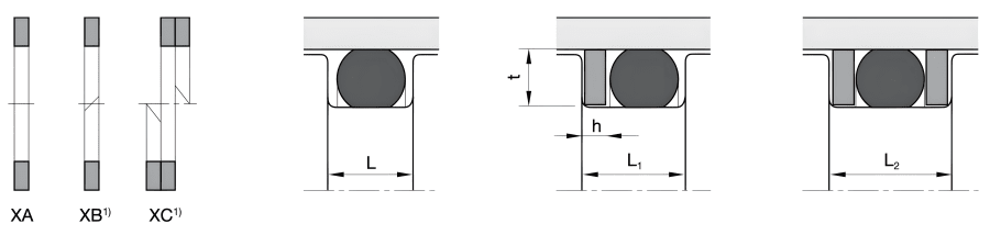 Technische Darstellung von den verschiedenen Geometrien eines Stützringes in einem Hydraulikzylinder. Es sind links die drei Parker Profile XA, XB und XC abgebildet, rechts die möglichen Einbauvarianten von Stützringen.