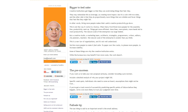 Seth actually invites you to click his remarkable head, to continue.