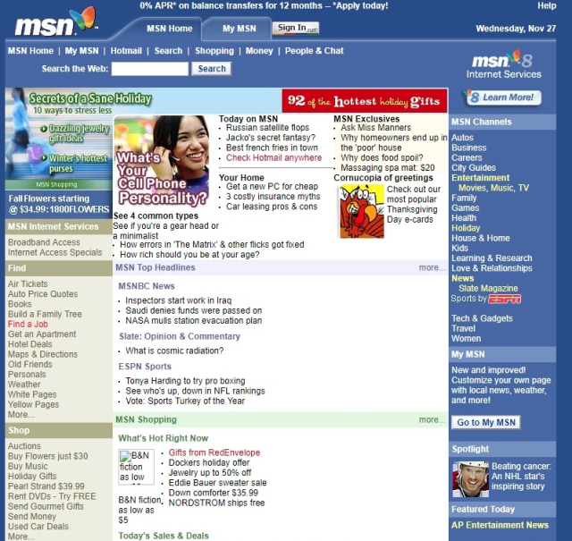 A snapshot of the MSN homepage, November 2002.