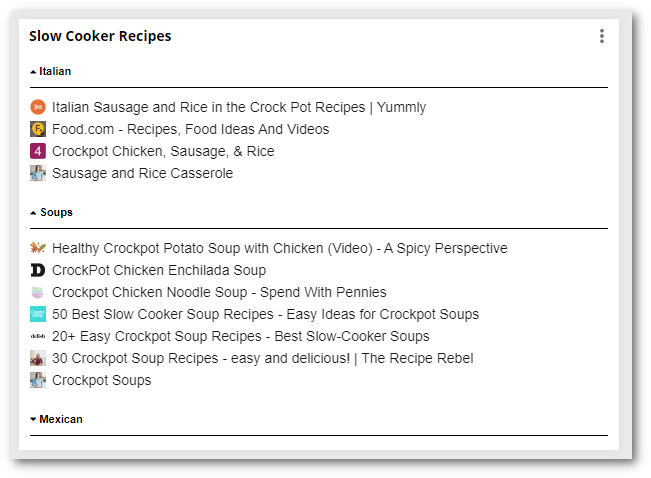 Bookmark groups in list view
