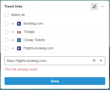 A warning appears when you are adding an identical link to a widget