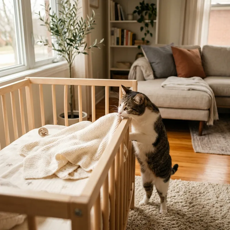 Gato tranquilo cerca de artículos de bebé