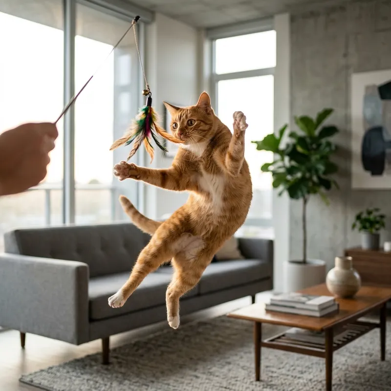 Gato en plena acción saltando para atrapar un juguete de plumas