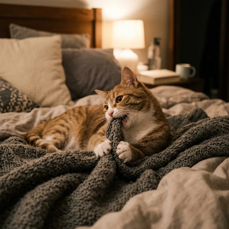 Gato jugando en una cama durante la noche, representando las conductas nocturnas de demanda de atención