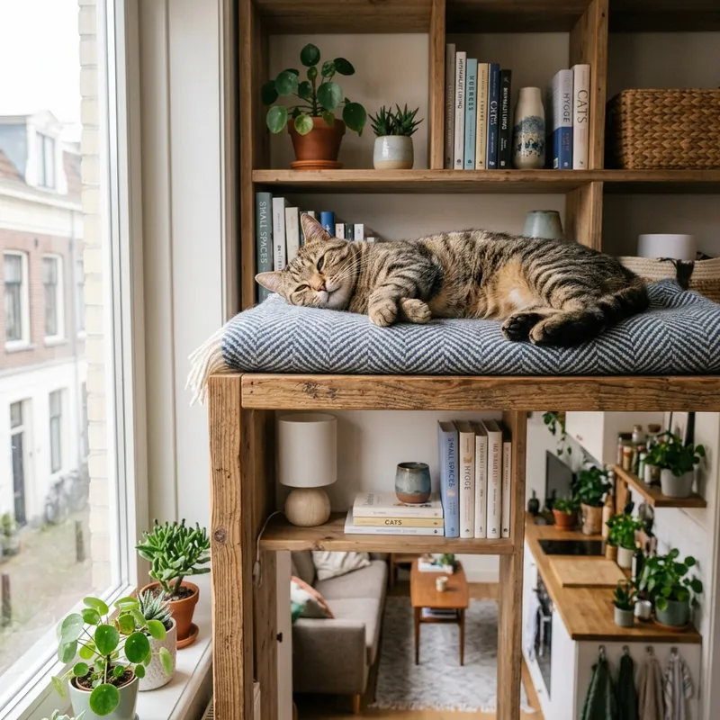 Gato descansando cómodamente en una repisa alta en un apartamento pequeño