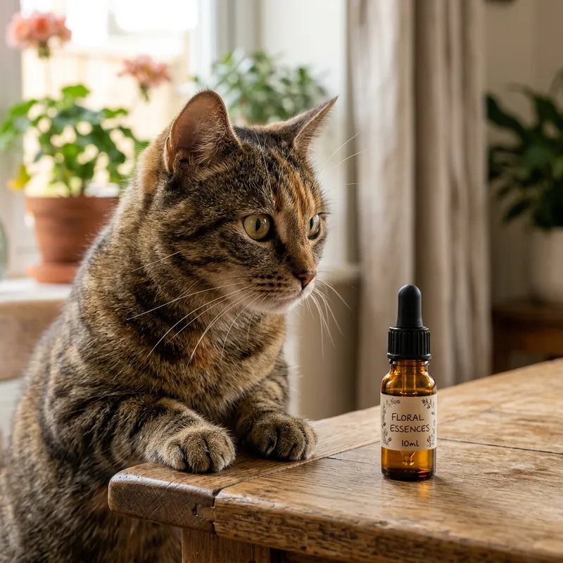 Gato tranquilo junto a un gotero de esencias florales, ilustrando el uso de gotas relajantes en felinos.