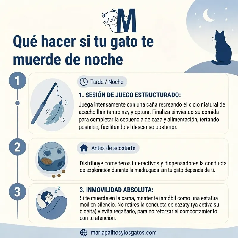 Infografía paso a paso para resolver la mordida nocturna en gatos