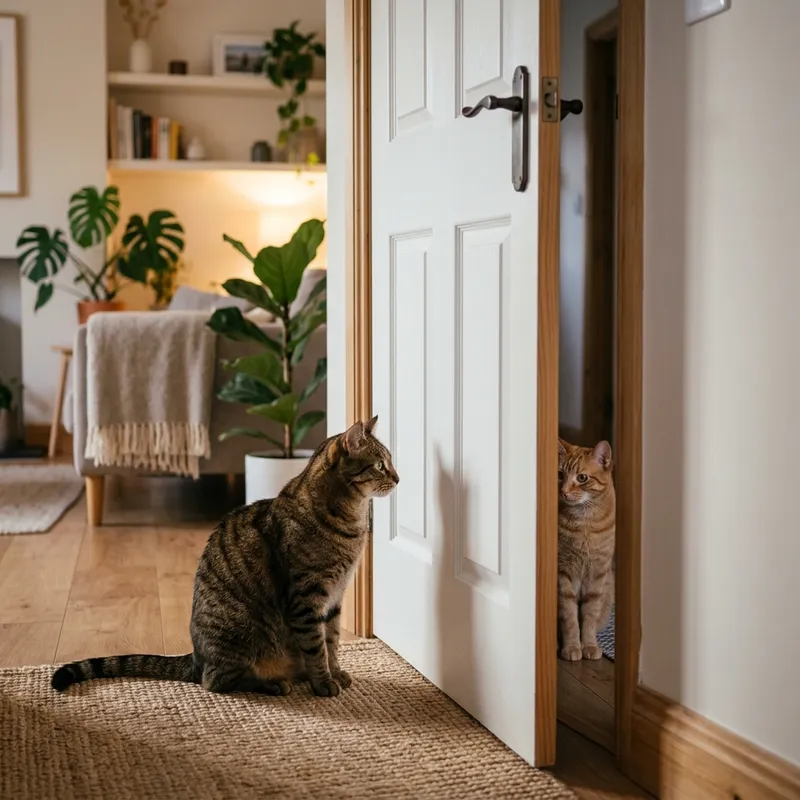 Dos gatos domésticos siendo introducidos de forma gradual y segura en una sala de estar